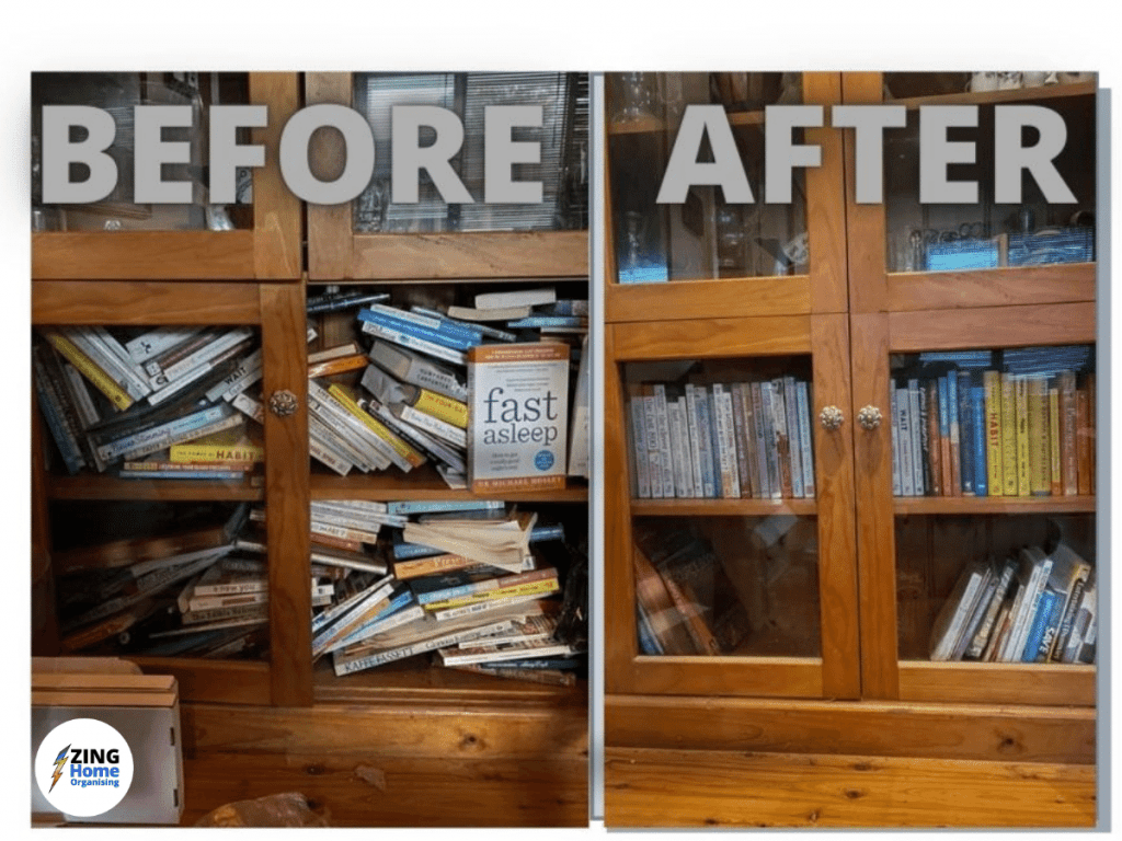 2 Images of a bookcase before and after organising