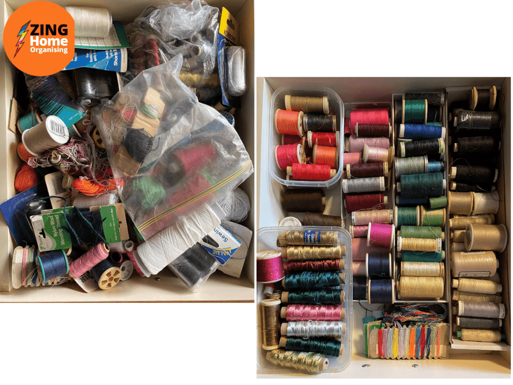 2 Images of a sewing drawer before and after organising