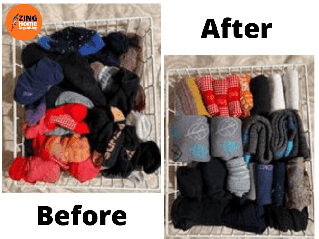 2 Images of a sock drawer before and after organising