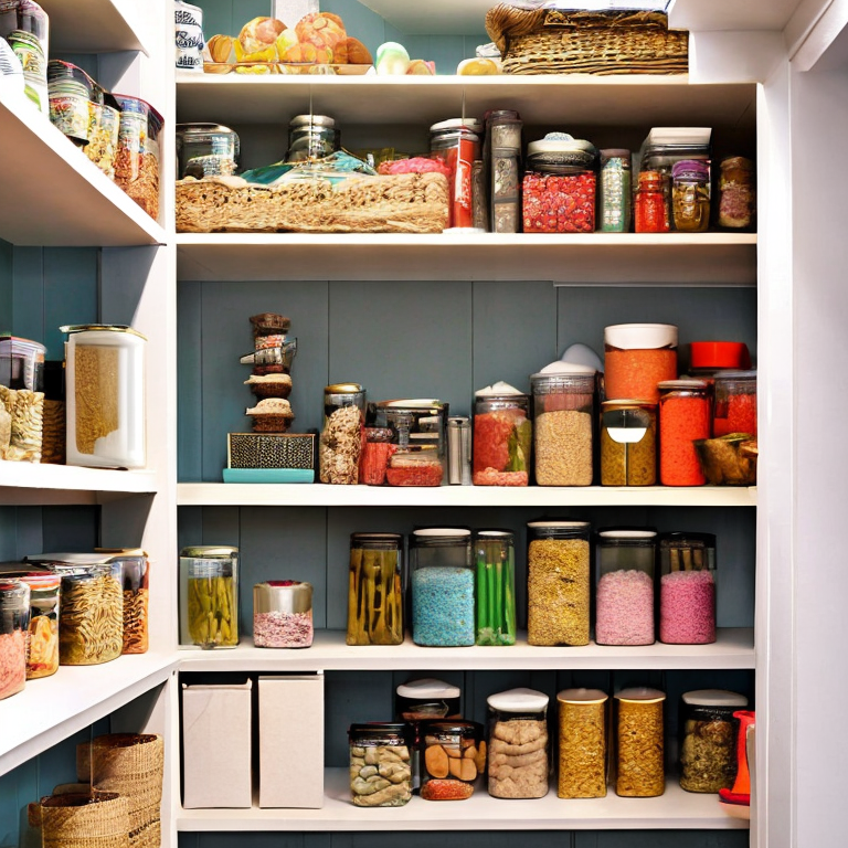 Colourful-pantry-organised-with-lots-of-jars