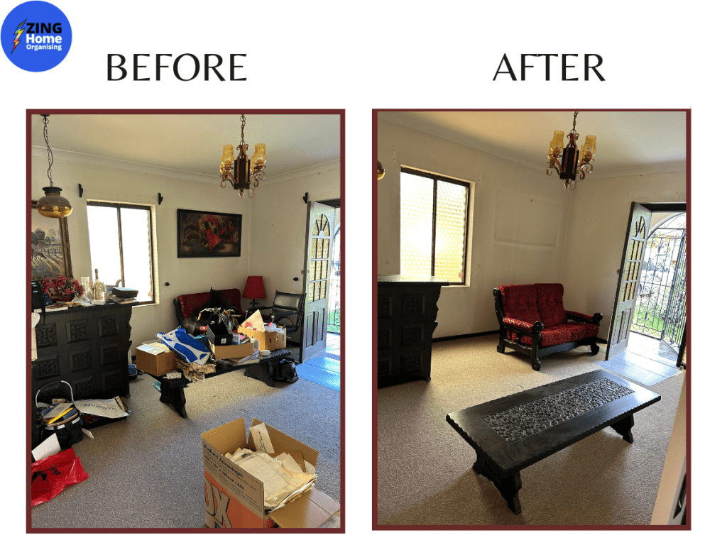 image of messy before shot of living room and neat after