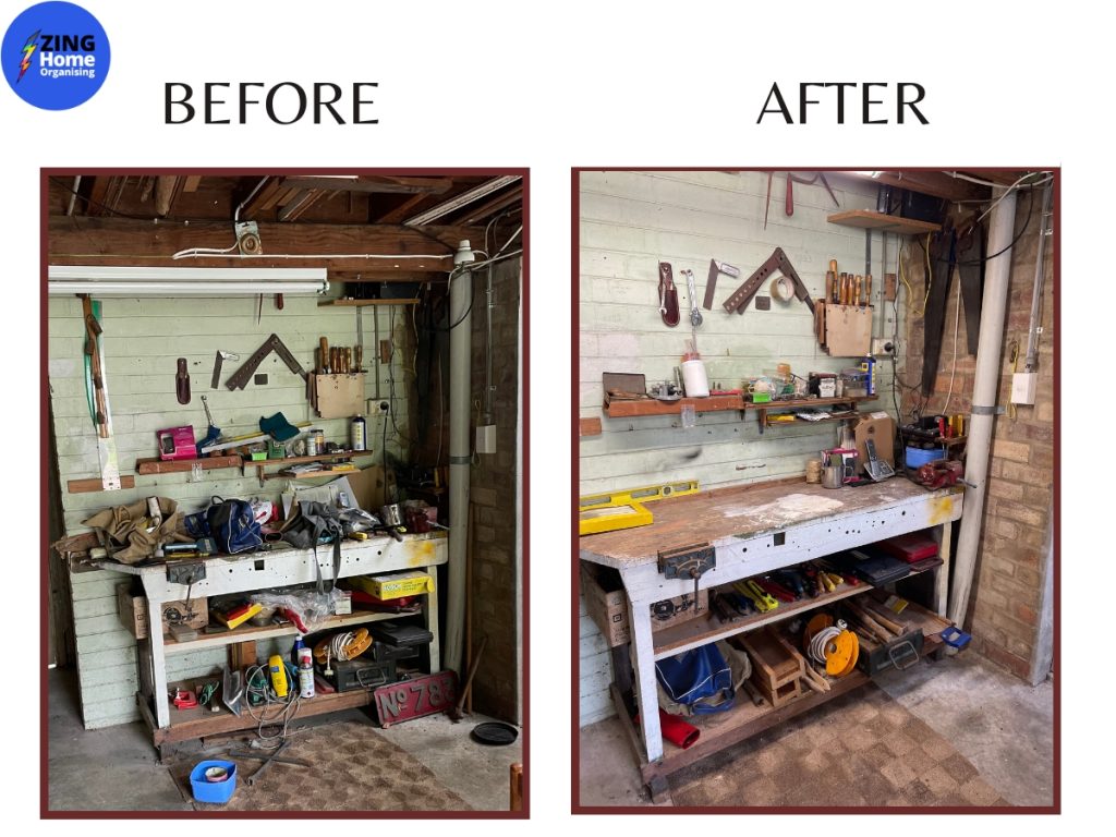 Image of messy tool bench on left side and organised neat on the right side