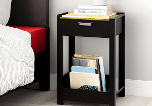 image of bedside table with storage of books and tablet vertically