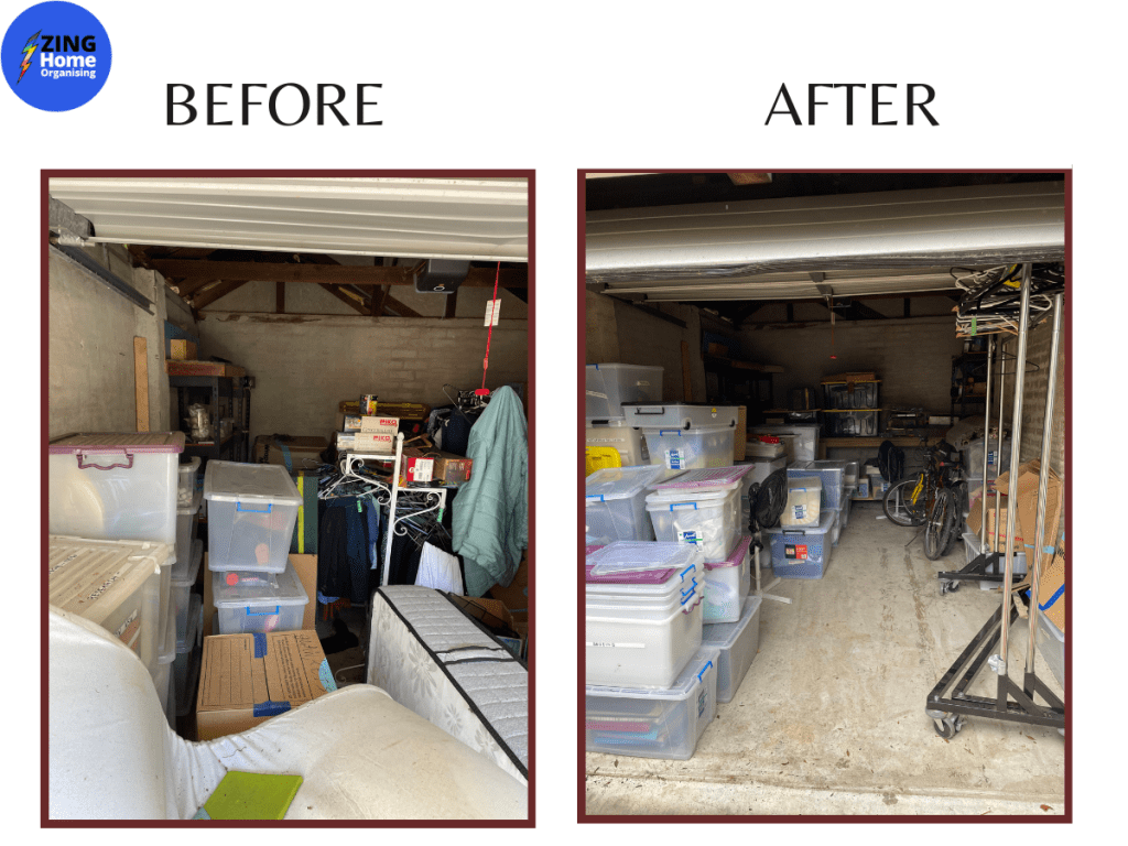 image of messy disorganised garage before and organised after