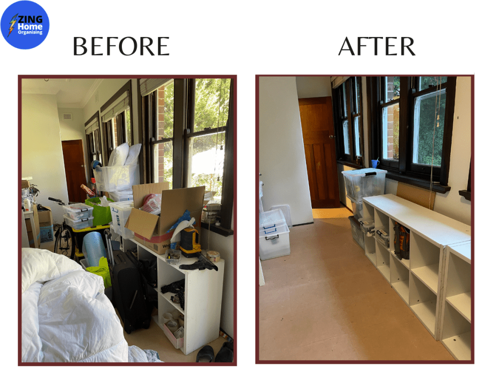 image of messy disorganised sunroom before and organised after