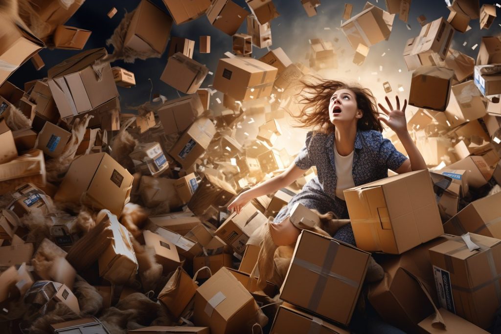 woman-being-held-hostage-by-clutter-with-boxes-exploding-around-her