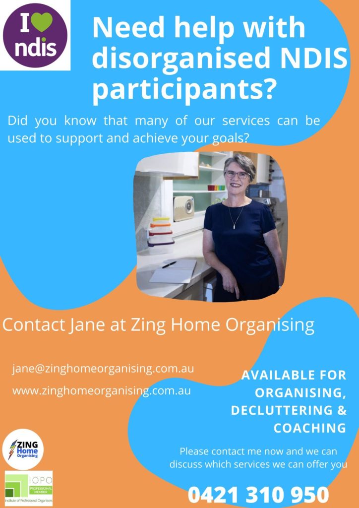 Image-of-jane-cadwgan-on-orange-and-blue-poster-about-home-organising-NDIS-work
